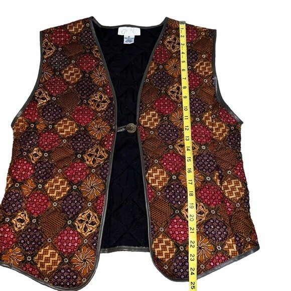 Vintage Cache Beaded Vest Medium Faux Leather Trim Ties Earth Tones Retro - Picture 10 of 13